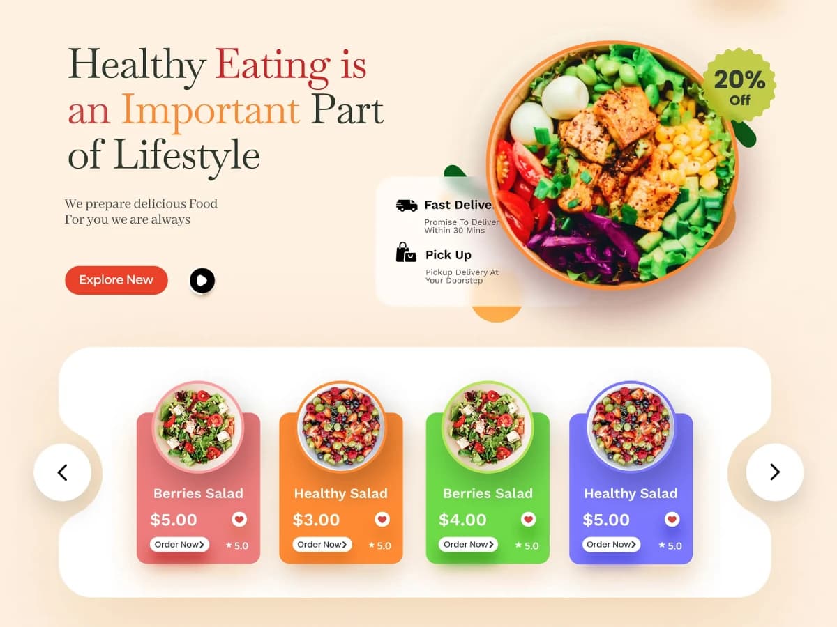 Salad and bowl ordering site homepage with a hero dish photo and an order button