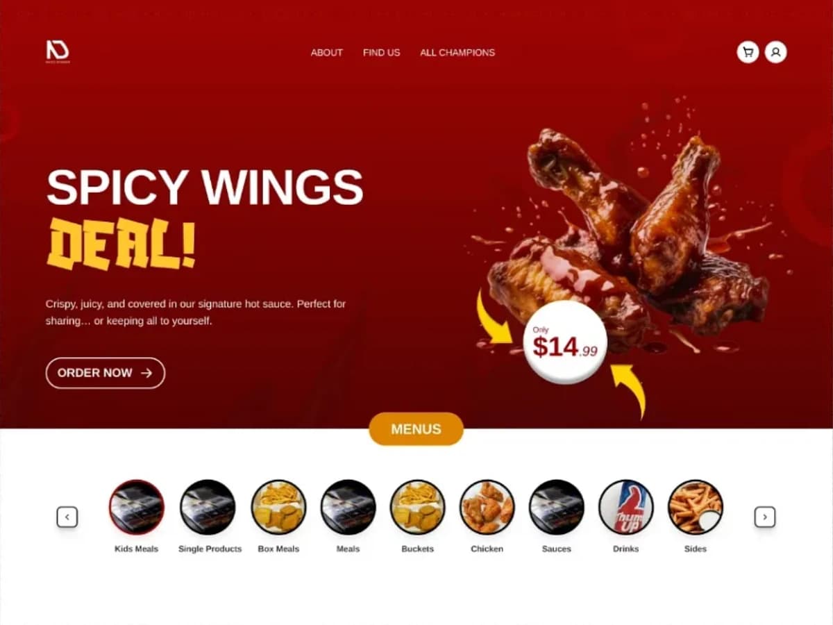 Chicken restaurant ordering site homepage with a spicy wings deal and a menu category row