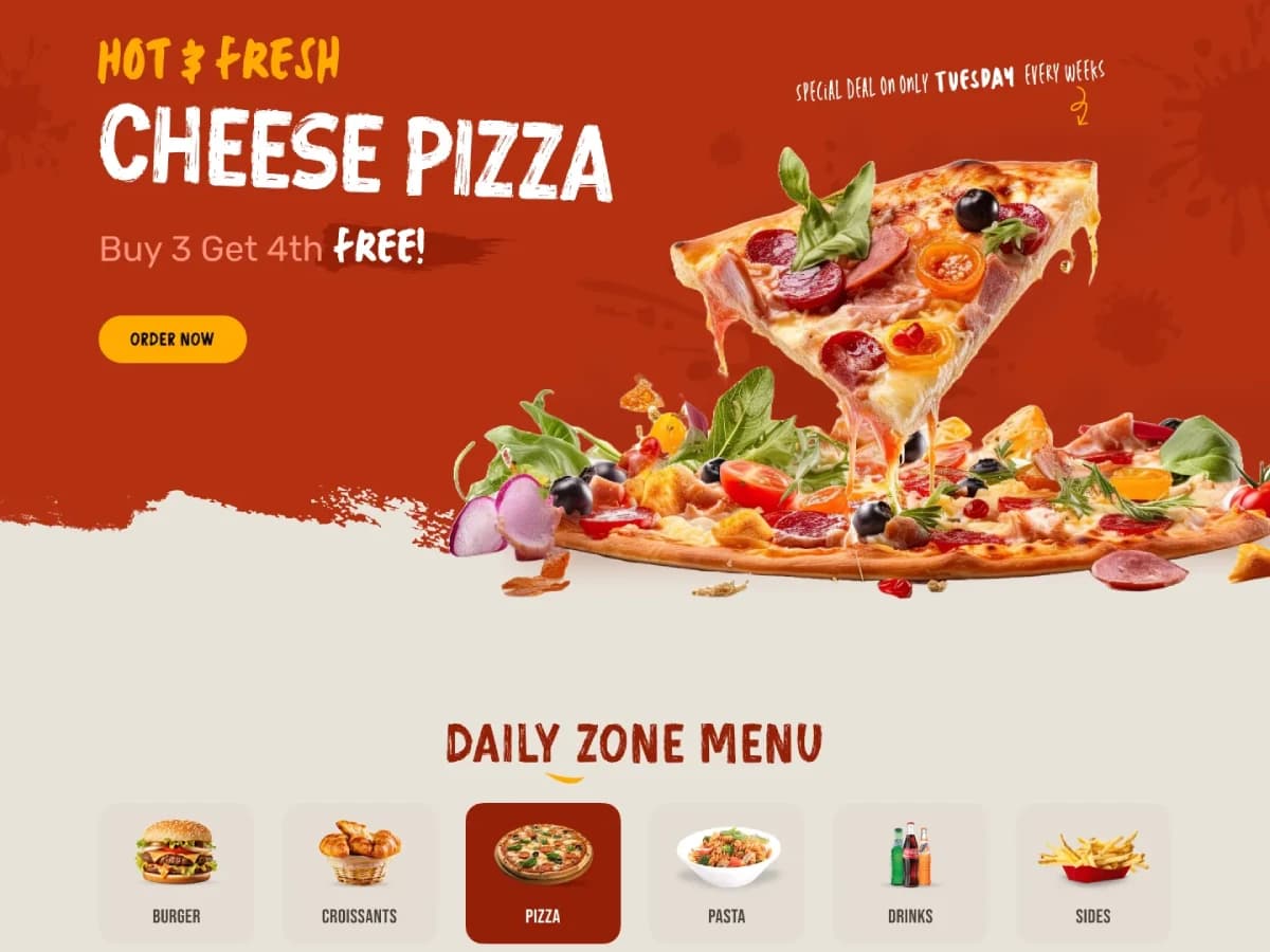 Pizza restaurant ordering site homepage with a cheese pizza deal and a daily menu row