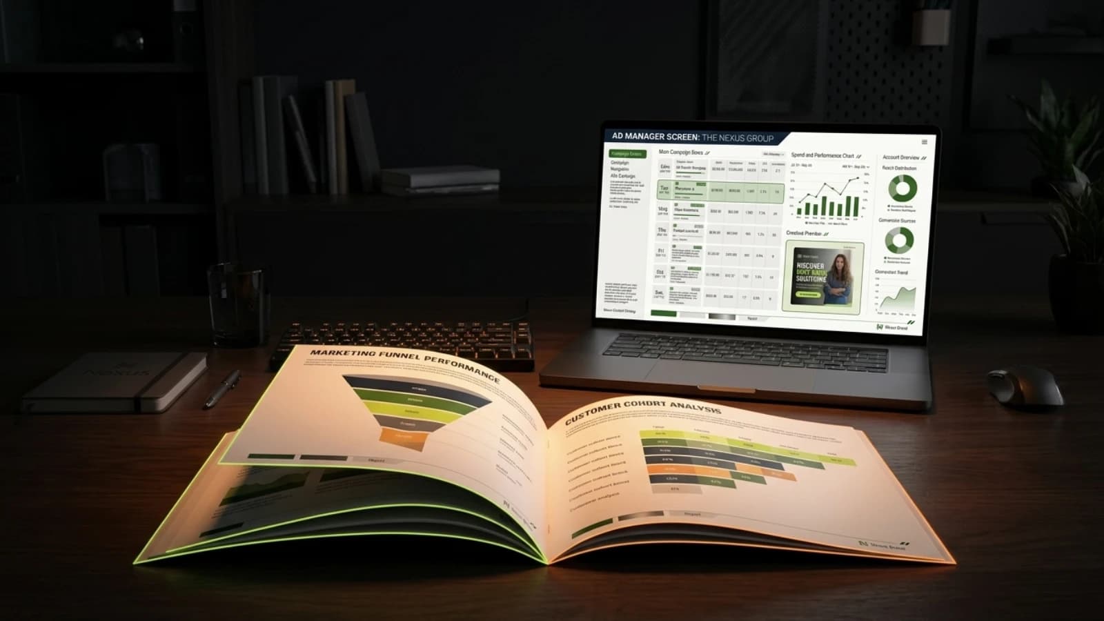 Printed report showing funnel and cohort charts beside a laptop displaying a dashboard