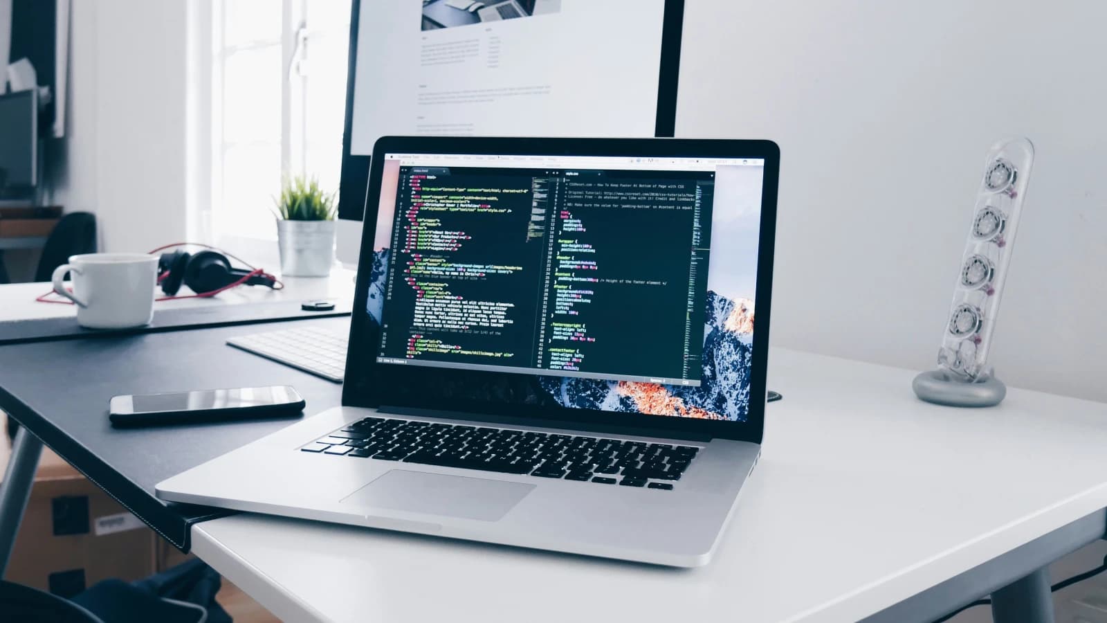 Two monitors showing API request rows and a response block side by side
