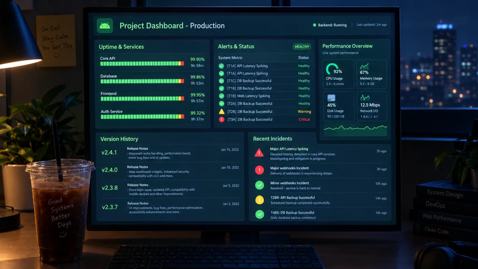 Monitor showing uptime bars and alert rows beside a phone with a notification, late at night