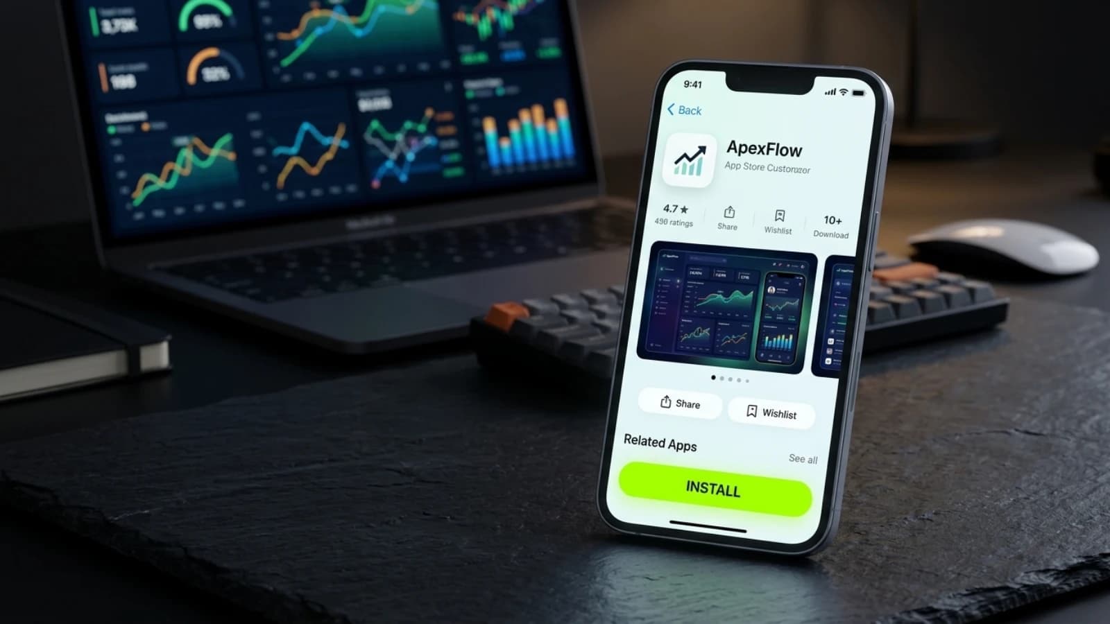 Phone showing an app store listing page with a screenshot carousel and install button
