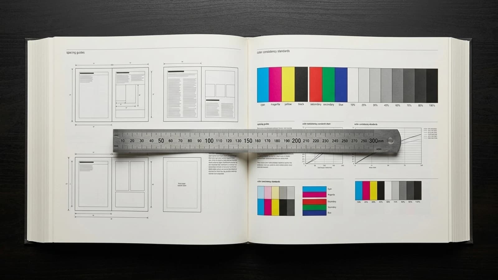 Brand manual open on a table showing spacing diagrams with a metal ruler across the page