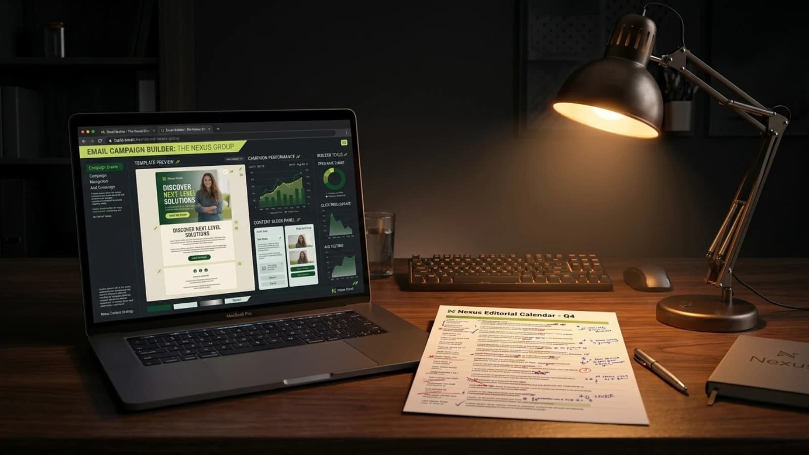 Laptop showing an email template preview beside a marked-up printed editorial calendar