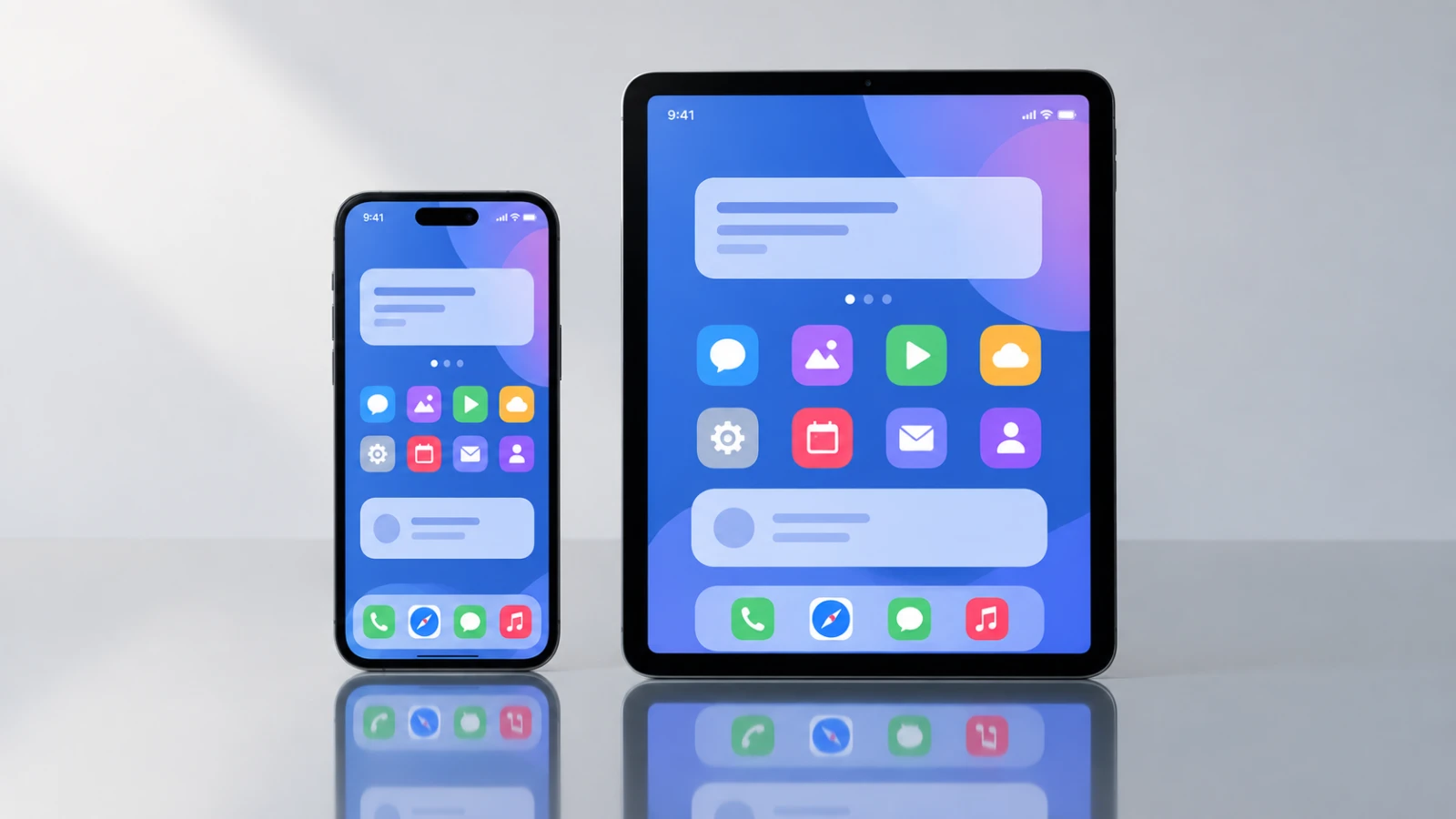 Phone and tablet side by side showing the same app layout on a dark surface