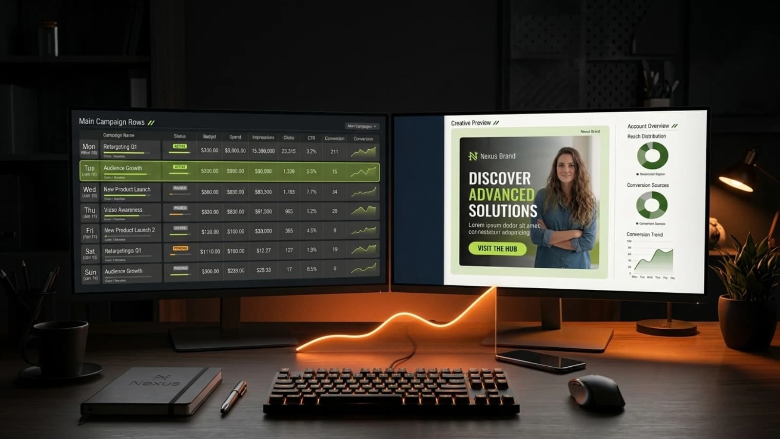 Two monitors showing ad campaign rows and a creative preview with a spend-curve glow