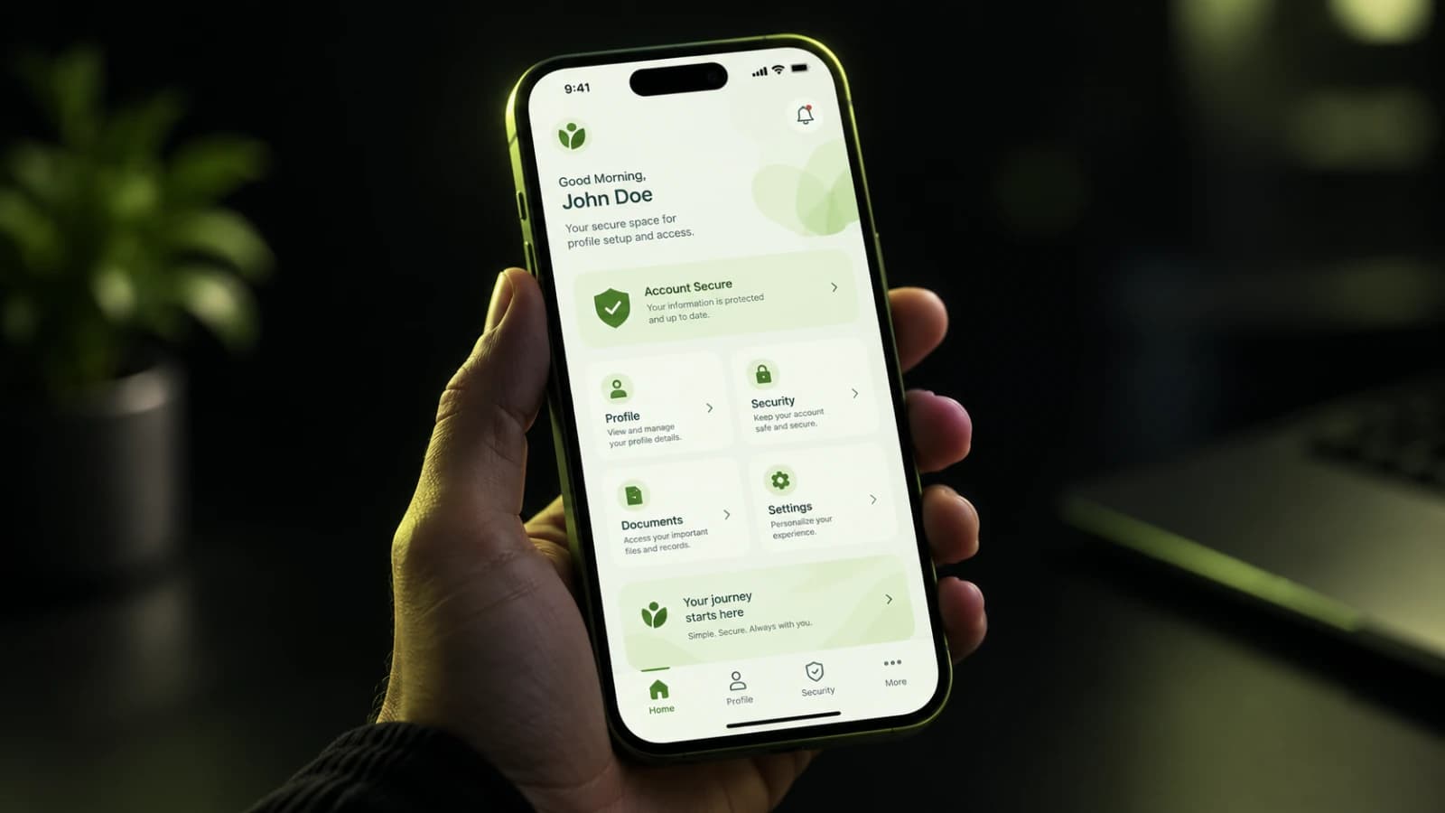 Hand holding a phone showing an app home screen with a bottom tab bar