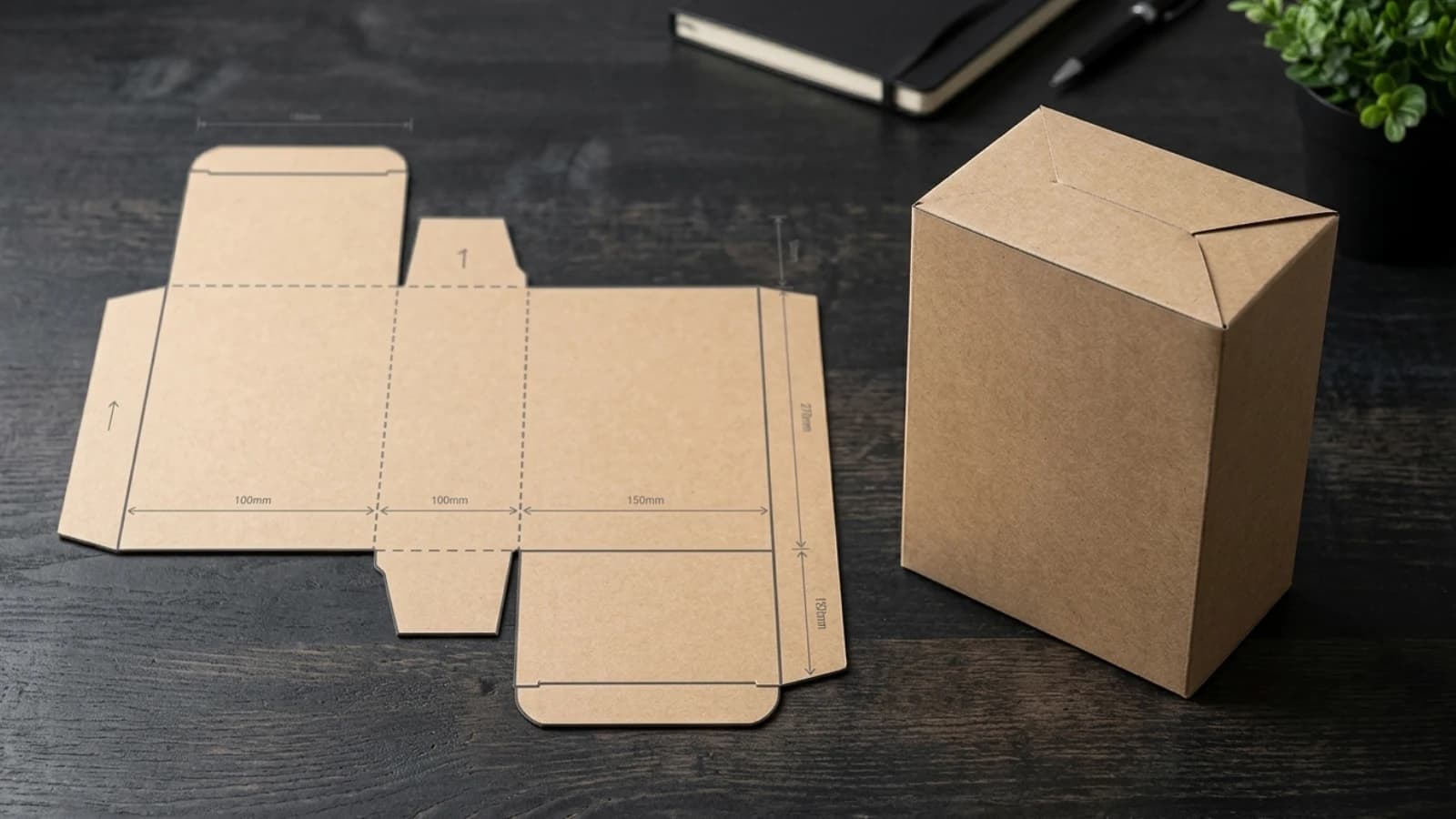 Cardboard dieline unfolded on a table beside a finished blank box