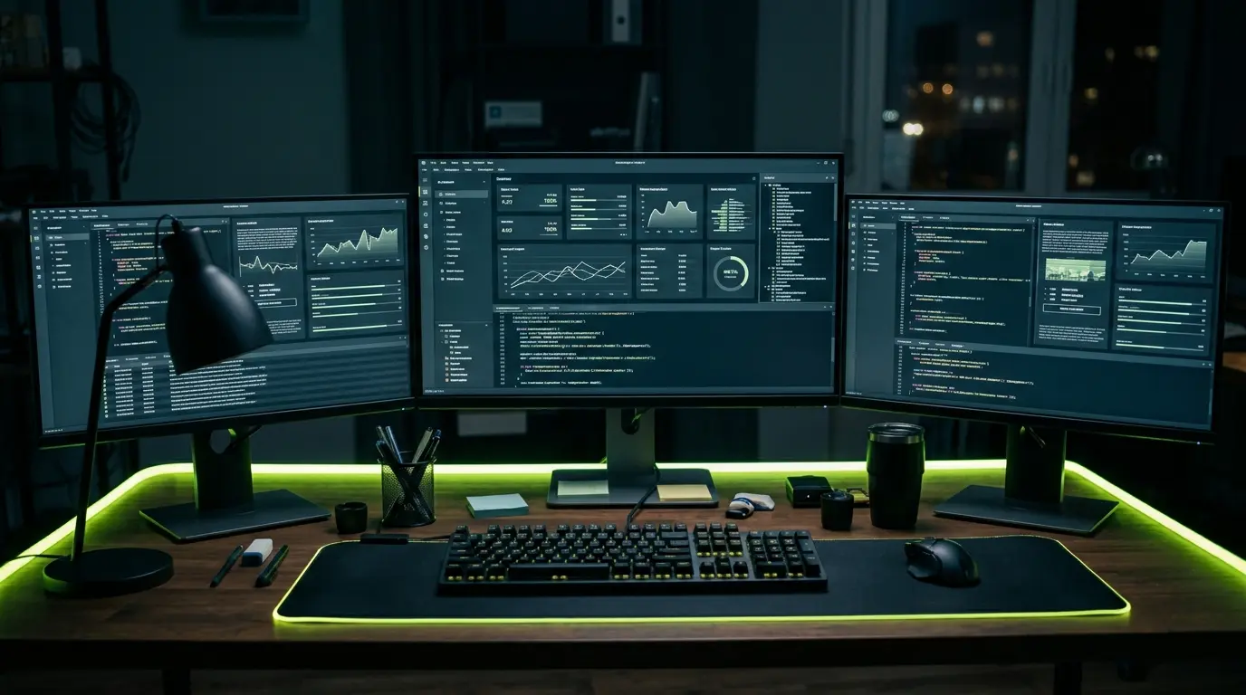 Developer workstation with monitors showing cloud deployment panels and code
