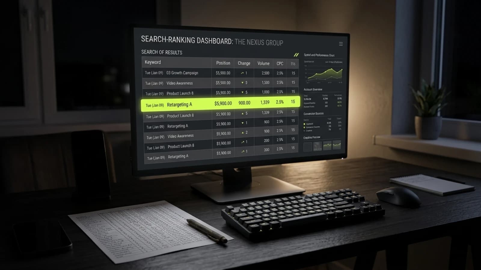 Monitor showing a search results list beside a printed keyword sheet on a desk
