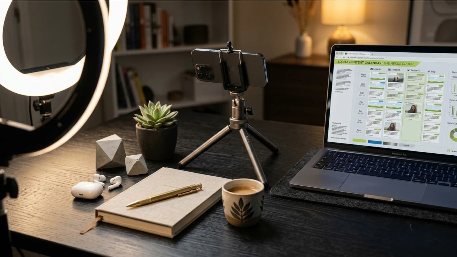 Phone on a tripod aimed at a flat-lay beside a laptop showing a content calendar