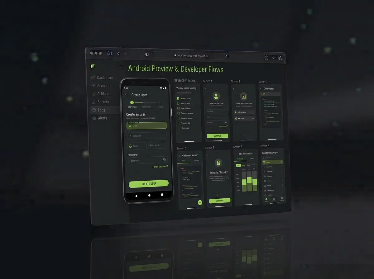 Android app preview beside a browser window showing app screens