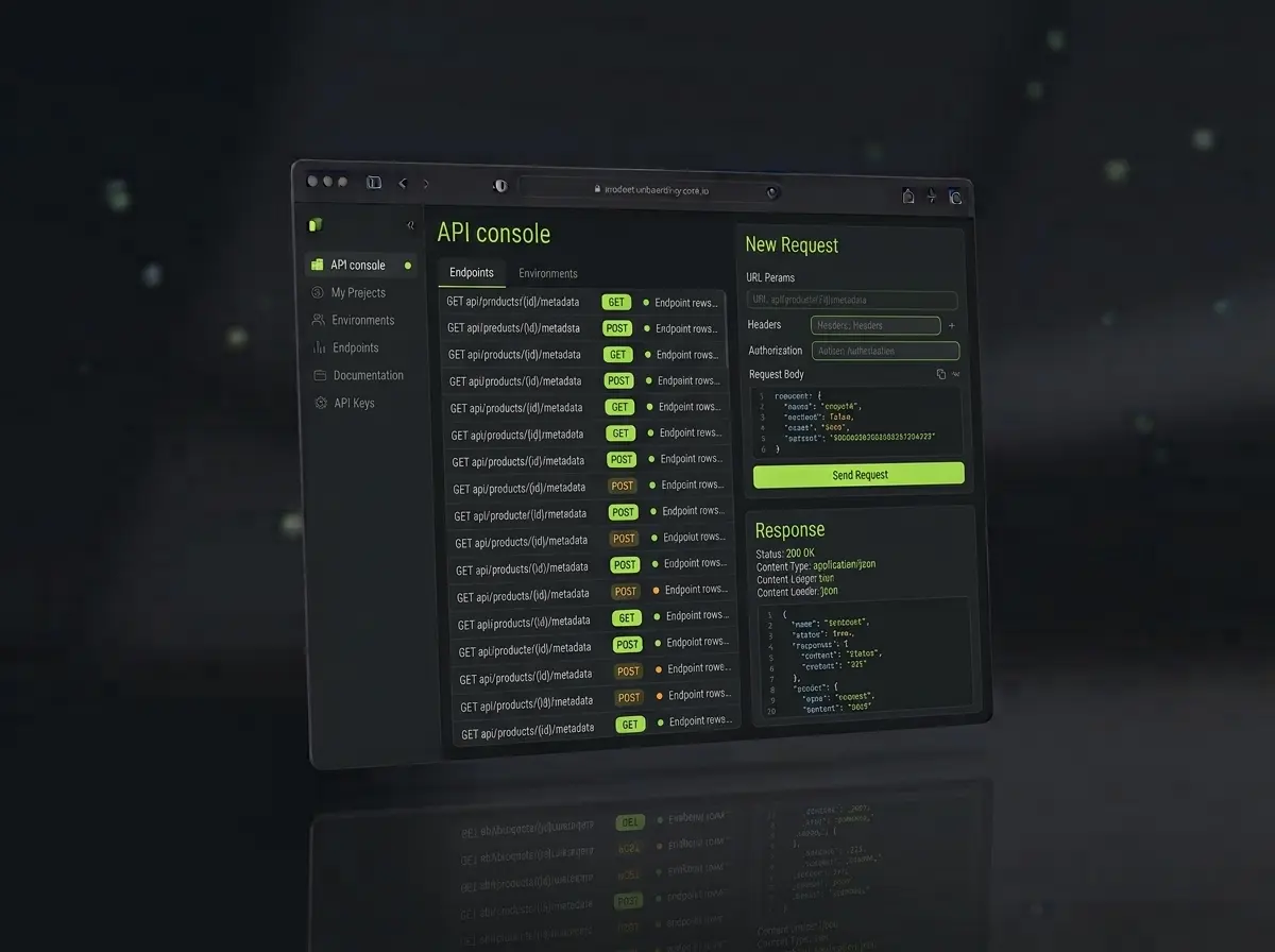 Integration console mockup with endpoint rows, a request panel and a response block