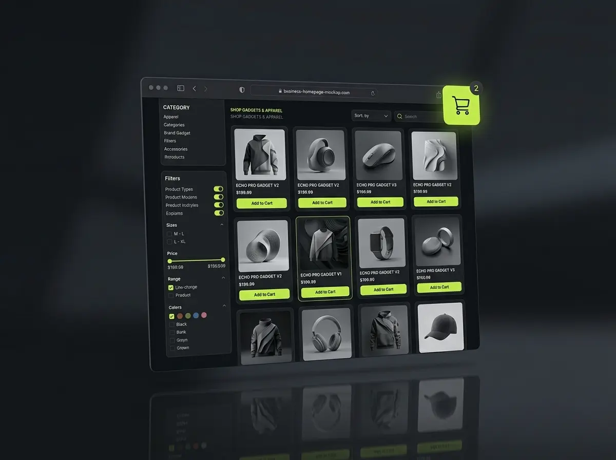 Ecommerce store product grid mockup with sidebar filters and a cart icon